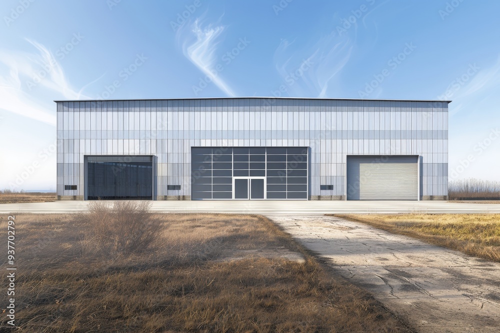 Factory's exterior, featuring clean lines, innovative architecture, and eco-friendly features. Beautiful simple AI generated image Factory's exterior, featuring clean lines, innovative architecture, and eco-friendly features. Beautiful simple AI generated image