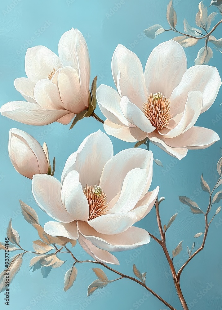 Elegant White Magnolias on a Soft Blue Background Elegant White Magnolias on a Soft Blue Background