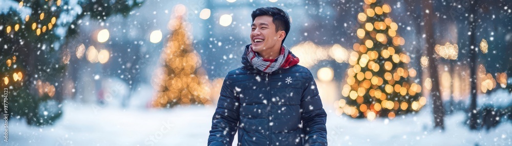 Man enjoying snowfall at a festive outdoor setting with Christmas lights and decorated trees, capturing the joy and spirit of the holiday season. Man enjoying snowfall at a festive outdoor setting with Christmas lights and decorated trees, capturing the joy and spirit of the holiday season.