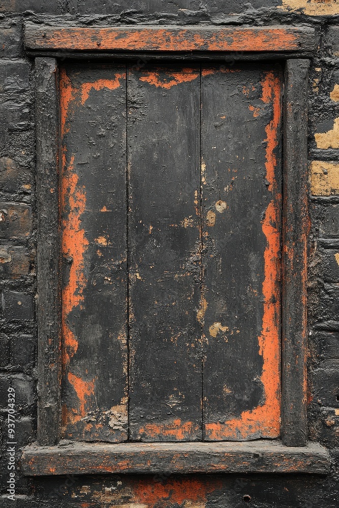 Weathered Black Door Frame with Orange Accents Weathered Black Door Frame with Orange Accents