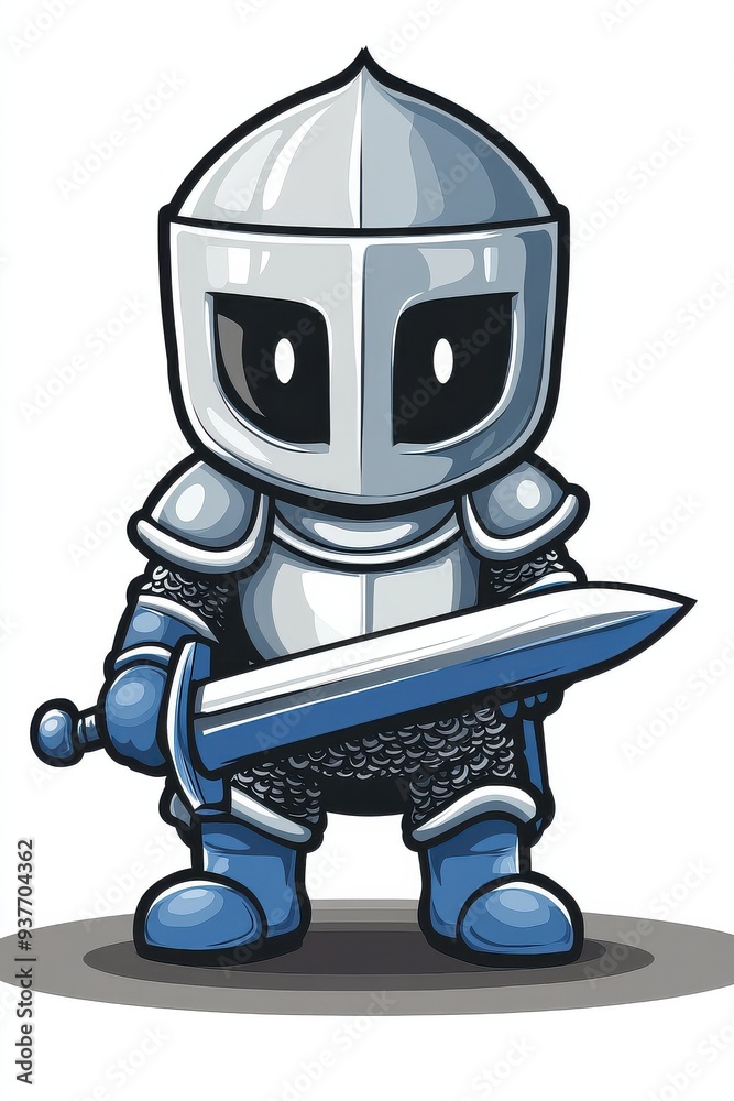 Cartoon Knight with Sword in Blue Armor