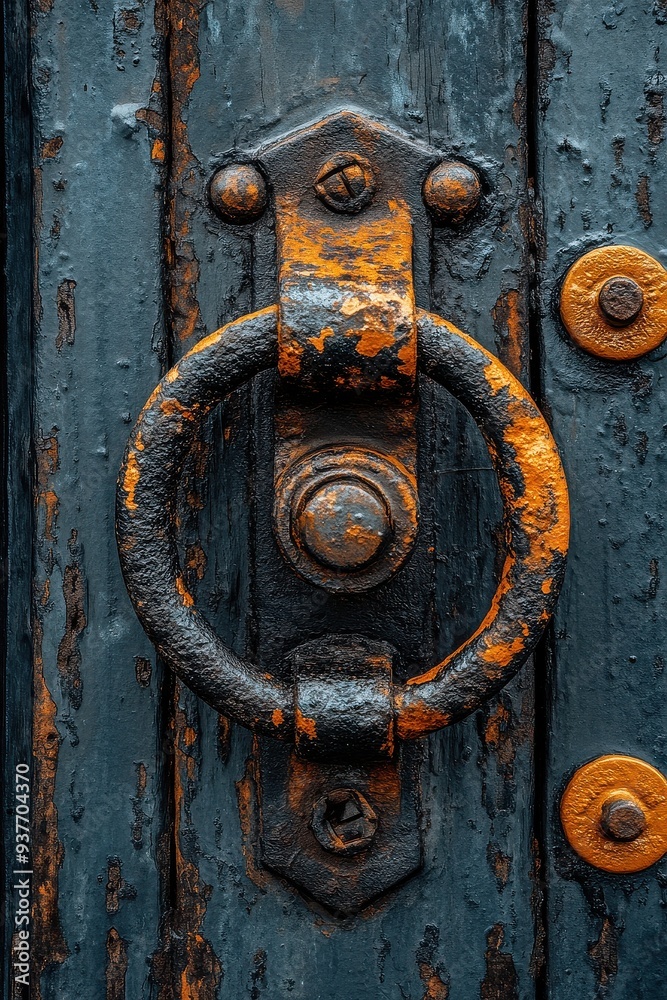 Rustic Door Knob and Knocker on Weathered Blue Door Rustic Door Knob and Knocker on Weathered Blue Door