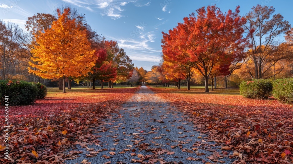 Obraz premium Vibrant autumn pathway lined with colorful trees and fallen leaves in a tranquil park during peak foliage season. Generative AI