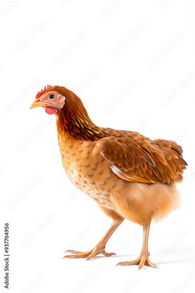 Fototapeta premium A close-up of a brown chicken with a reddish-brown comb and wattles, standing against a white background. The chicken has a plump body and detailed feathers, showcasing its natural beauty.