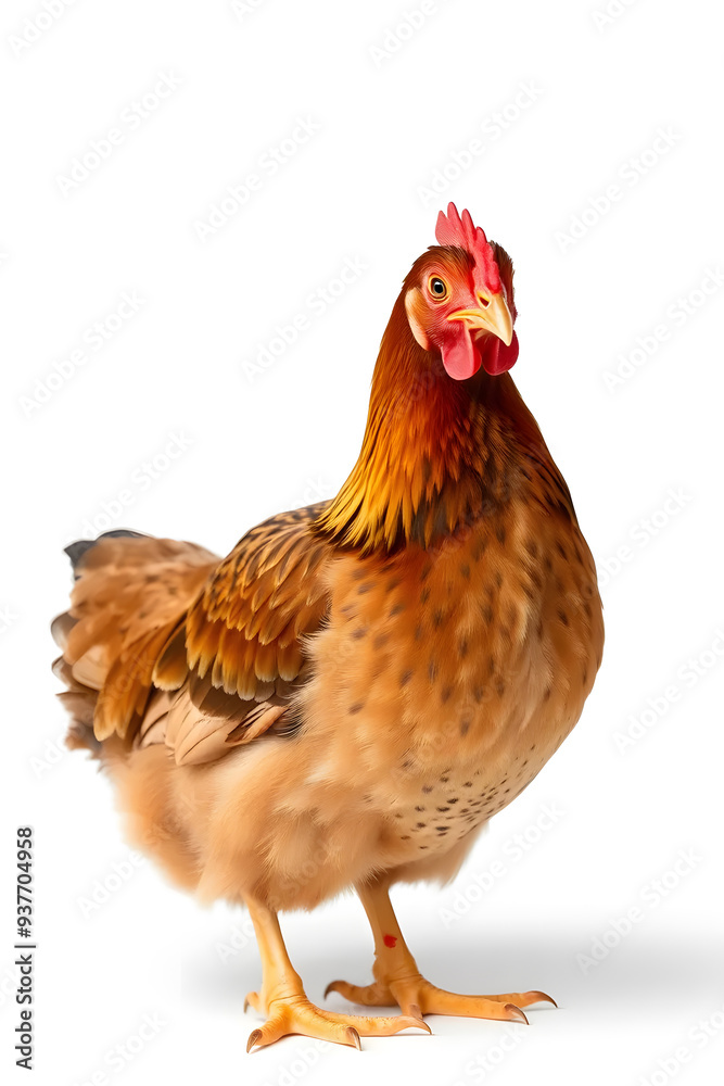 Fototapeta premium A close-up of a brown chicken with a reddish-brown comb and wattles, standing against a white background. The chicken has a plump body and detailed feathers, showcasing its natural beauty.