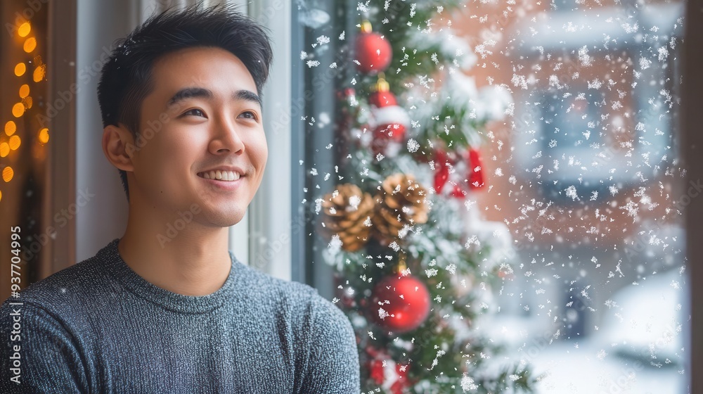 Young man smiling near the window with a decorated Christmas tree and winter snow outside, creating a festive holiday ambiance. Young man smiling near the window with a decorated Christmas tree and winter snow outside, creating a festive holiday ambiance.