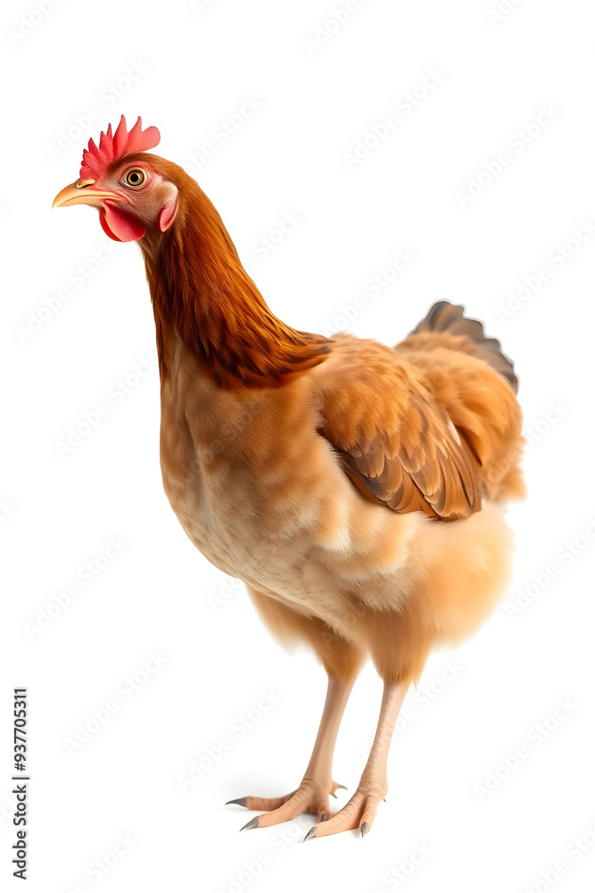 Fototapeta premium A close-up of a brown chicken with a reddish-brown comb and wattles, standing against a white background. The chicken has a plump body and detailed feathers, showcasing its natural beauty.