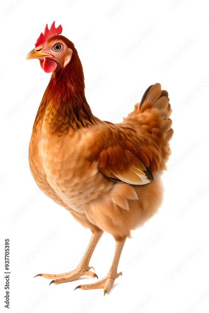 Fototapeta premium A close-up of a brown chicken with a reddish-brown comb and wattles, standing against a white background. The chicken has a plump body and detailed feathers, showcasing its natural beauty.