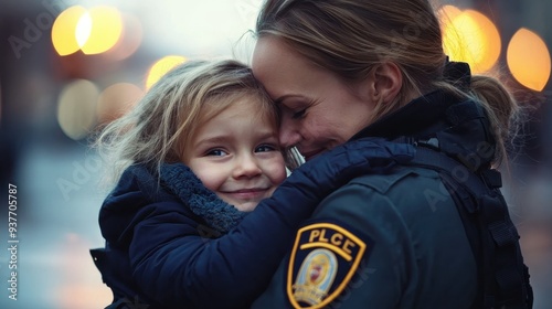 Police woman hugging daughter, Sweden
