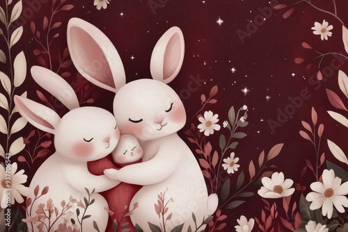 two white rabbits are hugging each other in a field of flowers