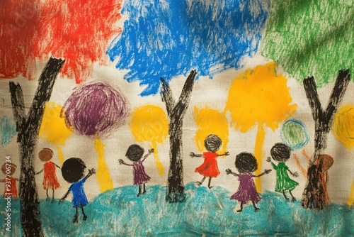 a painting of children playing in a park photo