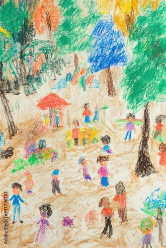 a child's drawing of people in a park