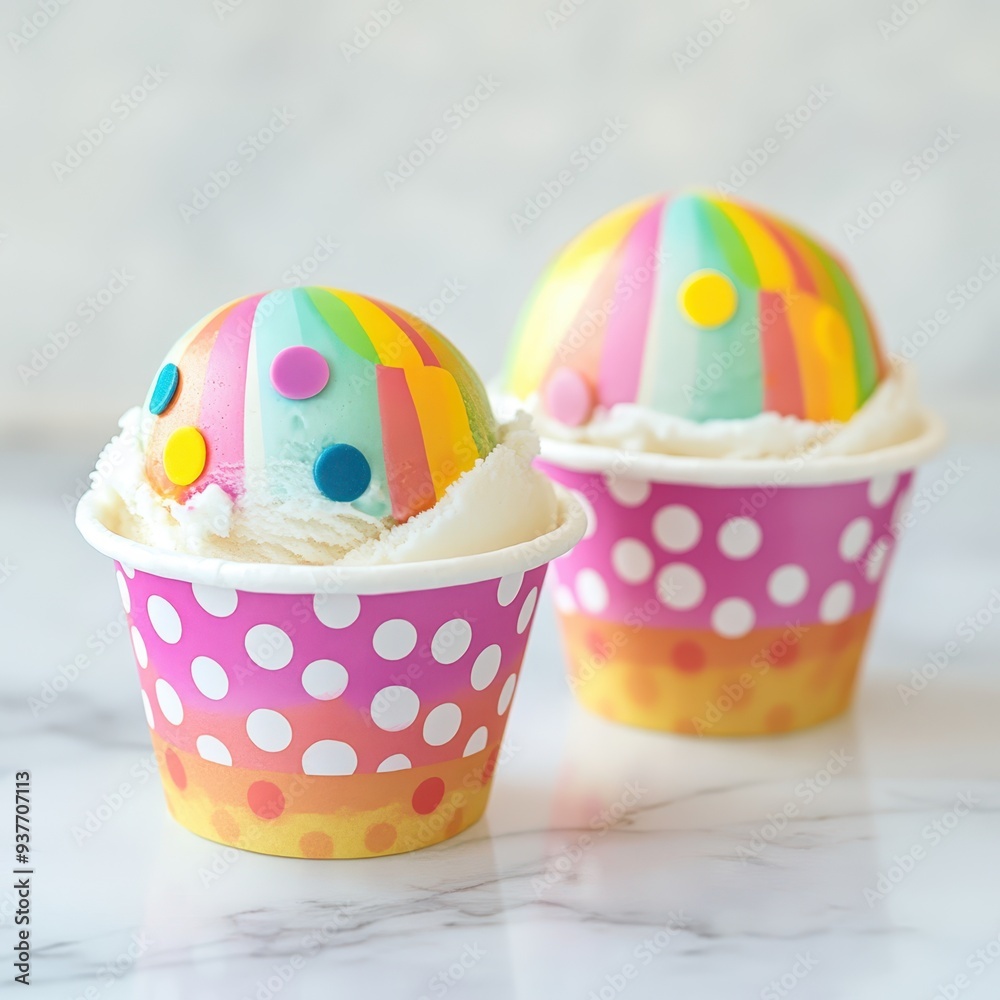 two cupcakes with polka dots and rainbow sprinkles two cupcakes with polka dots and rainbow sprinkles