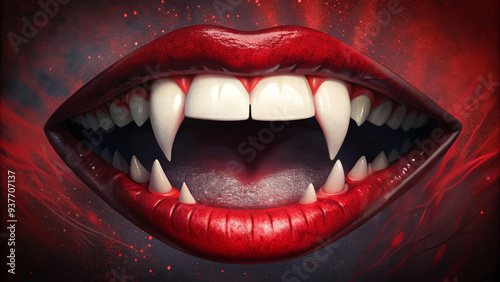 Red Lips with Vampire Fangs Close-Up and Black Background