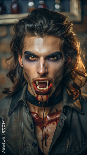 Portrait of Intense Male Vampire with Sharp Fangs and Yellow Eyes