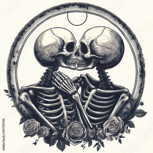 two skeletons kissing in a circle with roses photo