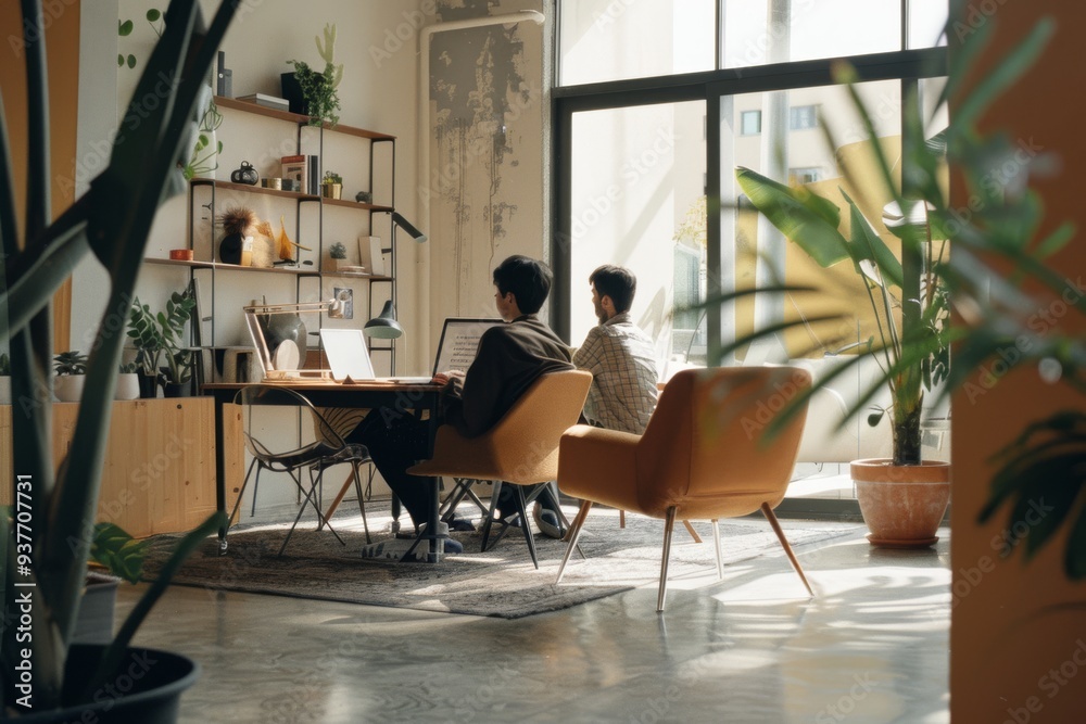 Naklejka premium Two individuals working on computers in a stylish and airy home office, surrounded by plants and sunlight streaming through the large windows.