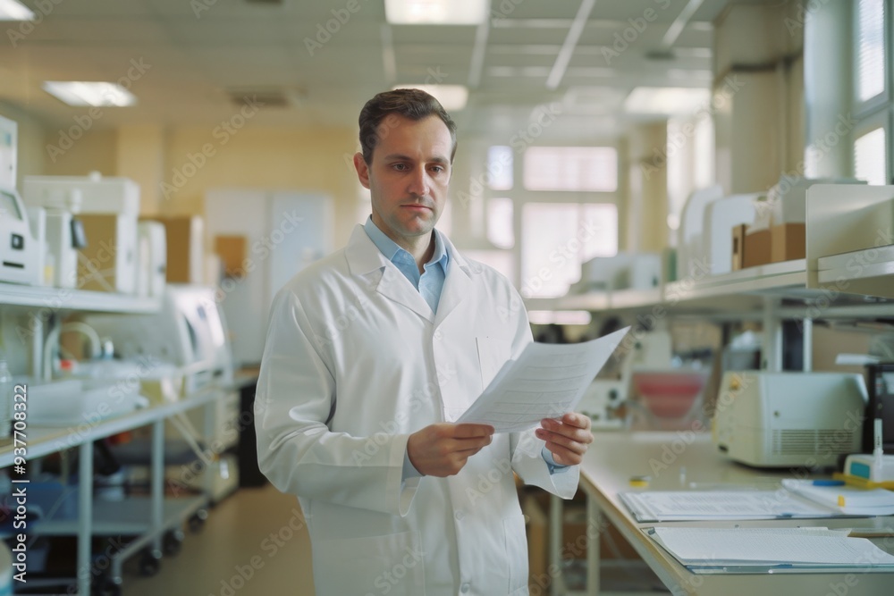 Fototapeta premium Scientist in a lab coat examining documents in a modern laboratory, symbolizing research, precision, and scientific inquiry.