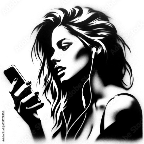 young woman looking at her phone graffiti stencil-art style,black and white, generative ai