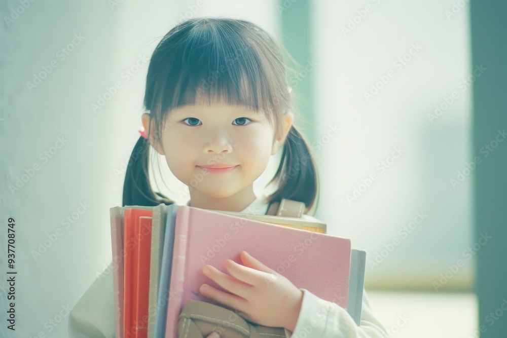 A young child with pigtails smiles sweetly while holding colorful notebooks, exuding warmth and innocence in a softly lit room. A young child with pigtails smiles sweetly while holding colorful notebooks, exuding warmth and innocence in a softly lit room.