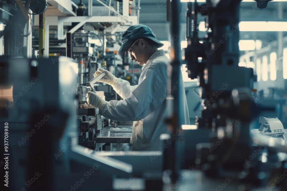 A worker in a manufacturing facility operates intricate machinery, focused and diligent in a high-tech and organized environment. A worker in a manufacturing facility operates intricate machinery, focused and diligent in a high-tech and organized environment.