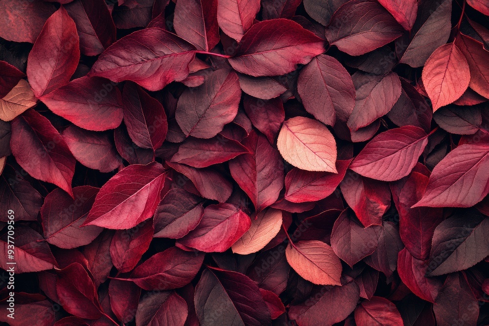 Red and brown autumn leaves texture background. Red, orange, purple fall foliage backdrop. Autumn leaf pile. Red oak, ivy, rose bush leaves pattern.