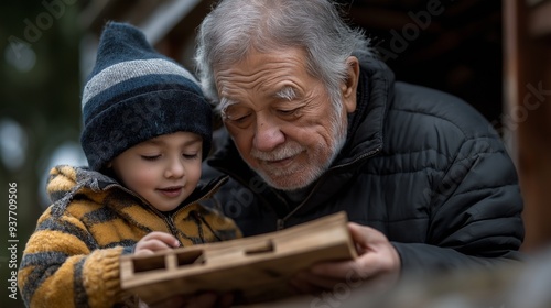 Grandfather and grandson woodworking together in winter