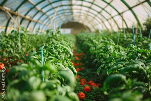 Rows of lush tomato plants thriving in a greenhouse, demonstrating agriculture's blend of traditional farming and modern technology. photo