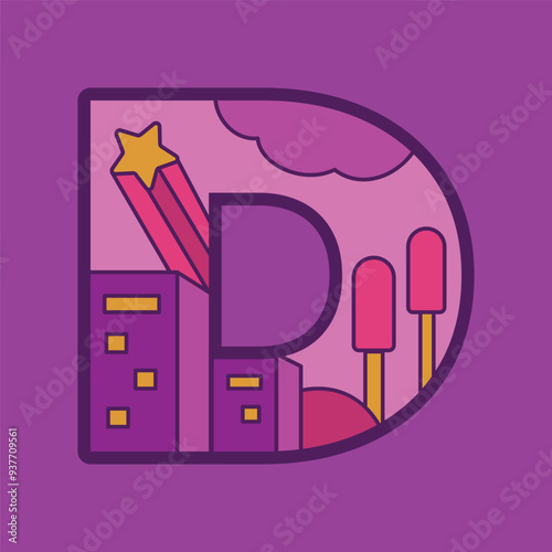 Color full creative vector initial capital letter d alphabet with night city concept logo illustration