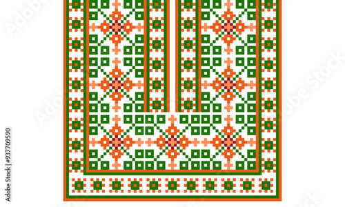 a detailed pattern composed of pixel designs with orange and green square on transparent background , design for collar.