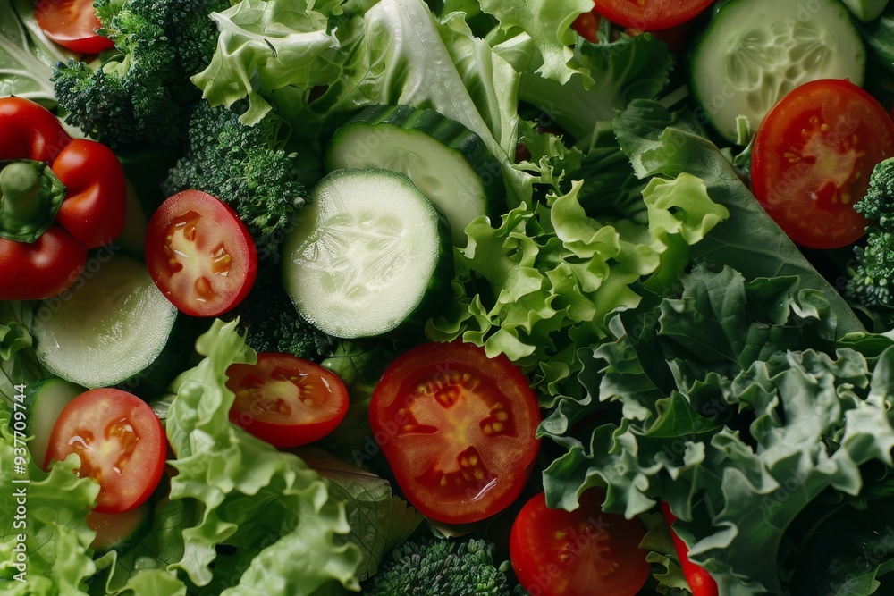 An assortment of fresh vegetables including tomatoes, cucumbers, lettuce, and broccoli fills the frame, showcasing a vibrant array of colors and textures. An assortment of fresh vegetables including tomatoes, cucumbers, lettuce, and broccoli fills the frame, showcasing a vibrant array of colors and textures.