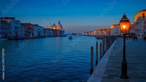 A view of the Grand Canal in Venice at twilight with a lit street lamp