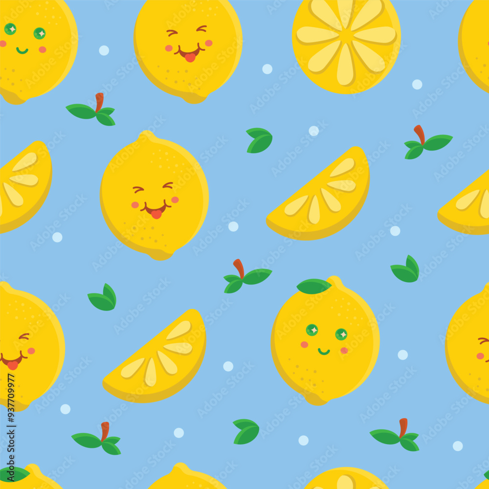 Cute adorable smiling lemon seamless pattern