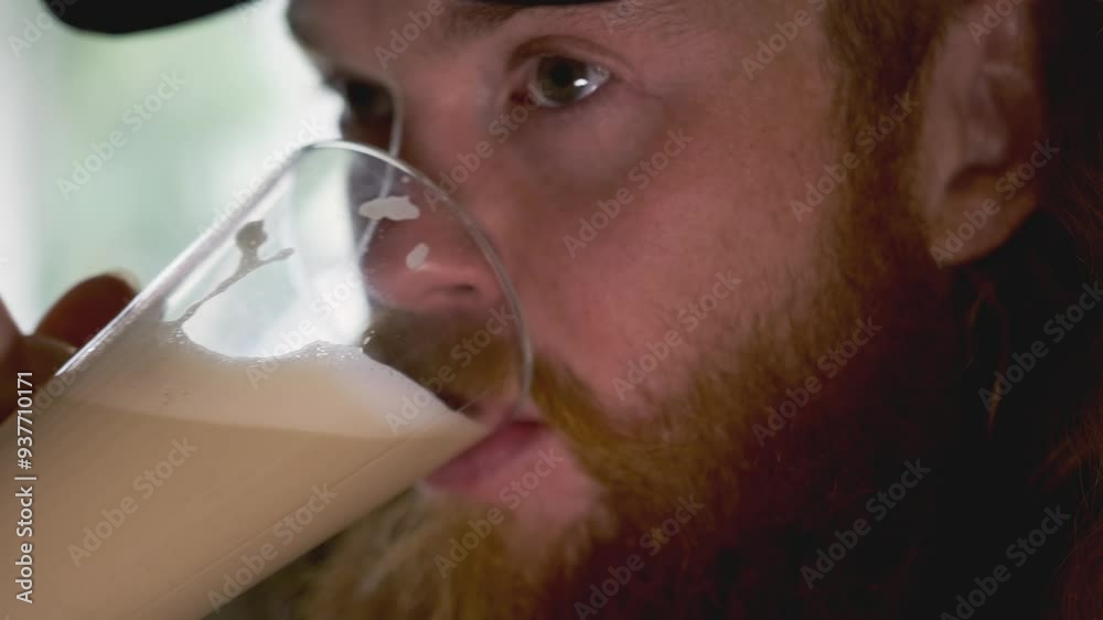 Close-up face of young bearded man pick up a cup of hot coffee latte and have a sip. Close-up face of young bearded man pick up a cup of hot coffee latte and have a sip.