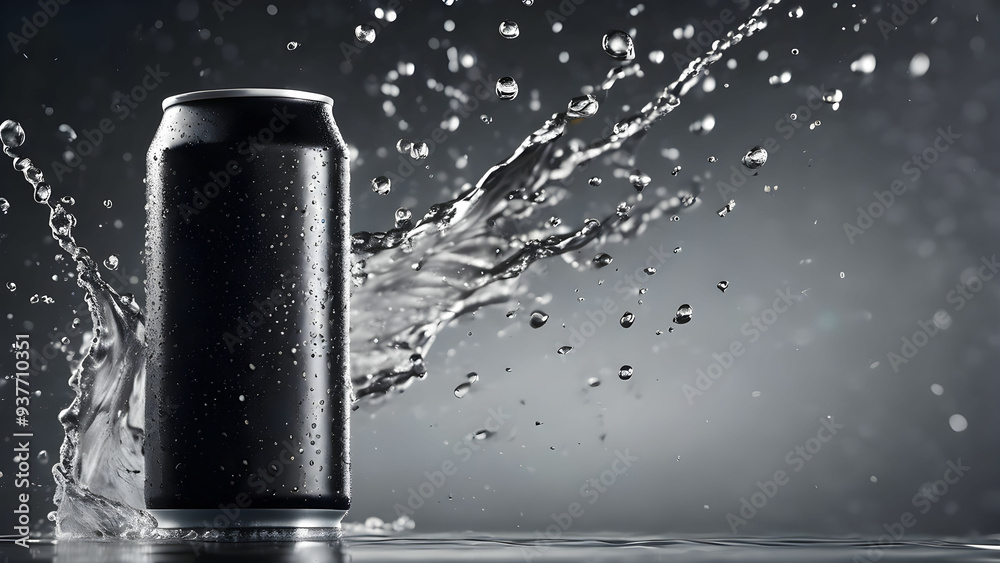 Black Aluminum 330ml Soda Can with Water Droplets and Splash Effect Mockup Black Aluminum 330ml Soda Can with Water Droplets and Splash Effect Mockup