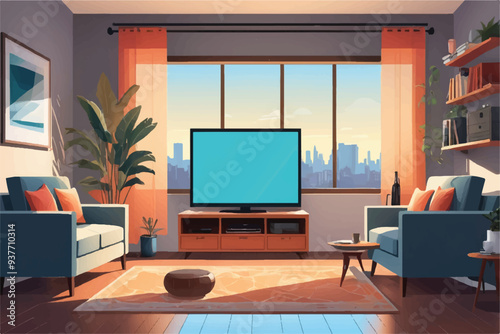 Living room interior with sofa, tv, bookshelf and coffee table. Apartment with couch front of television set on wall, empty home design 