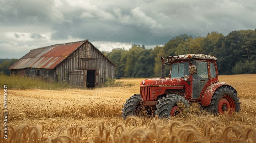 Fototapeta premium A vintage red tractor rests in a sunlit wheat field near an old rustic barn under cloudy skies. Generative AI