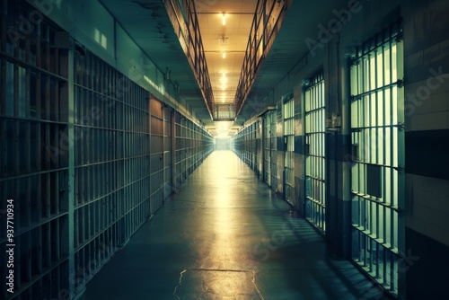 A solitary, dimly lit prison corridor stretches into the distance, evoking a sense of desolation and confinement.