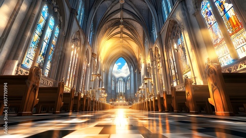 Sunbeams Through Stained Glass in Church Interior.
