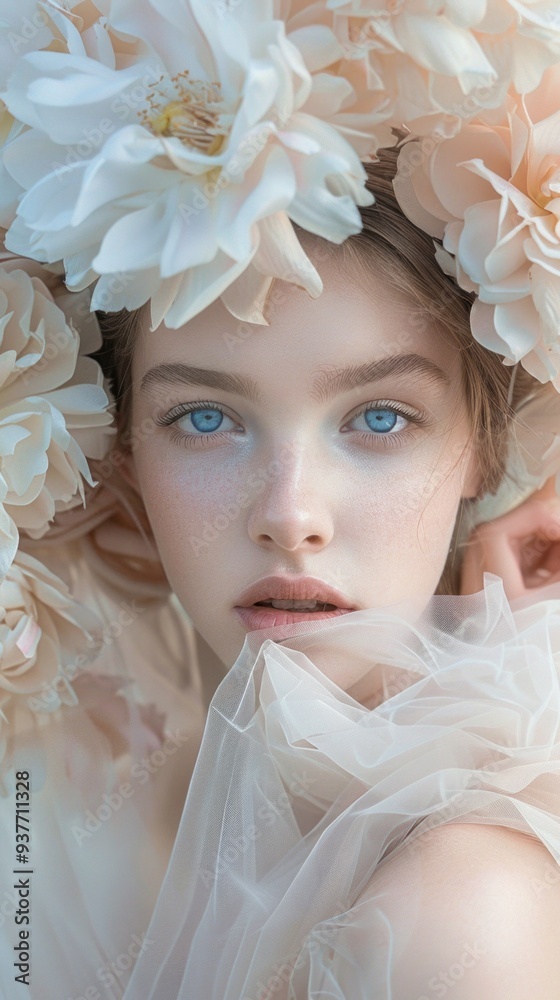 A serene figure captivates with striking blue eyes, surrounded by lush blossoms, emanating an enchanting aura against a dreamy pastel backdrop A serene figure captivates with striking blue eyes, surrounded by lush blossoms, emanating an enchanting aura against a dreamy pastel backdrop