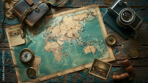 A vintage travel setup featuring a world map, camera, compass, and travel accessories. photo