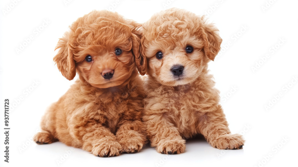 Two adorable Toy Poodle puppies posing on a white background. The scene captures the playful and sweet nature of the puppies, highlighting their curly fur and expressive eyes, perfect for a baby anima Two adorable Toy Poodle puppies posing on a white background. The scene captures the playful and sweet nature of the puppies, highlighting their curly fur and expressive eyes, perfect for a baby anima