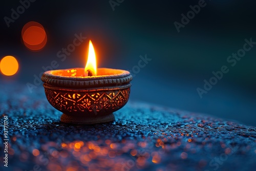 burning decorated ceramic oil lamp diya, on Happy Diwali, Shubh Diwali with beautiful dark blue background