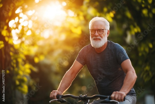 Senior man riding a bicycle outdoors, enjoying a sunny day and an active lifestyle