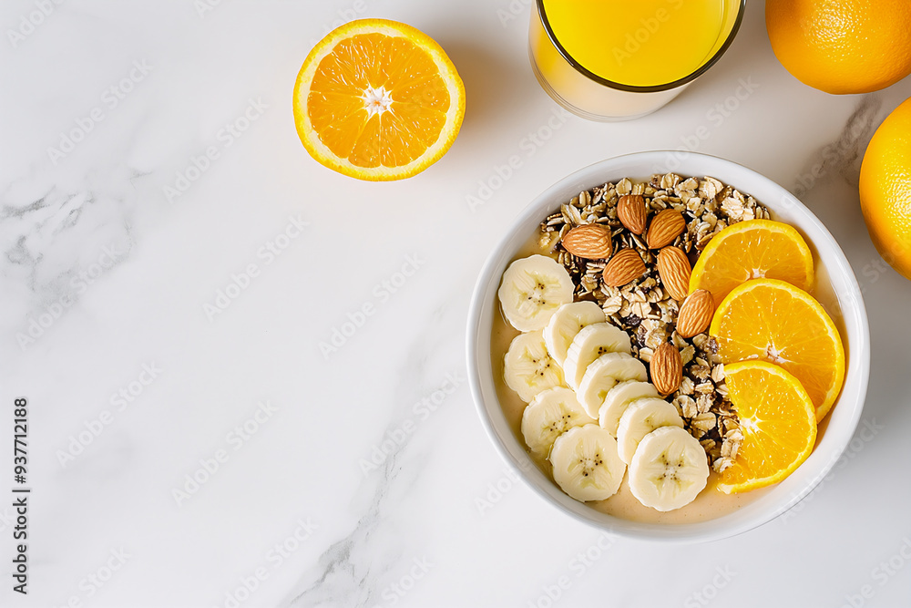 A healthy breakfast spread featuring alongside a glass of freshly squeezed orange juice on a white marble counter A healthy breakfast spread featuring alongside a glass of freshly squeezed orange juice on a white marble counter