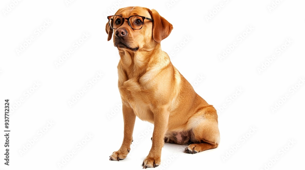 A Golden Retriever Dog Wearing Glasses and Looking Upward A Golden Retriever Dog Wearing Glasses and Looking Upward
