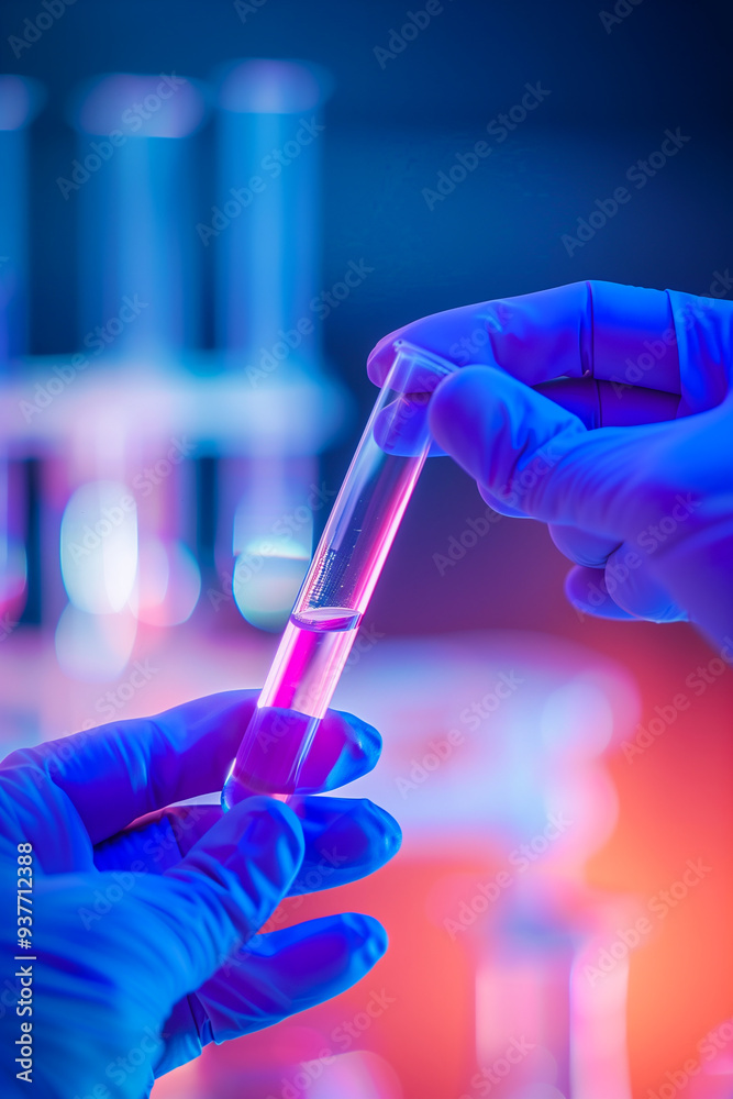 A person is holding a test tube with a pink liquid in it A person is holding a test tube with a pink liquid in it