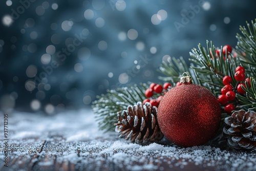 Christmas - Banner Of Red Ornament, Pine-cones And Branches On Snowy Wooden Table With Blue Bokeh Background