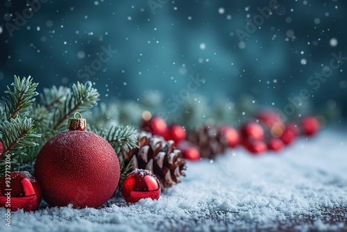 Christmas - Banner Of Red Ornament, Pine-cones And Branches On Snowy Wooden Table With Blue Bokeh Background