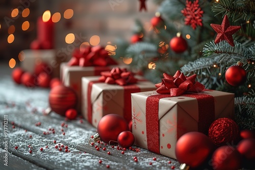 christmas and new year background - gift boxes and stars near decorated christmas tree and copy space over white wall with lights